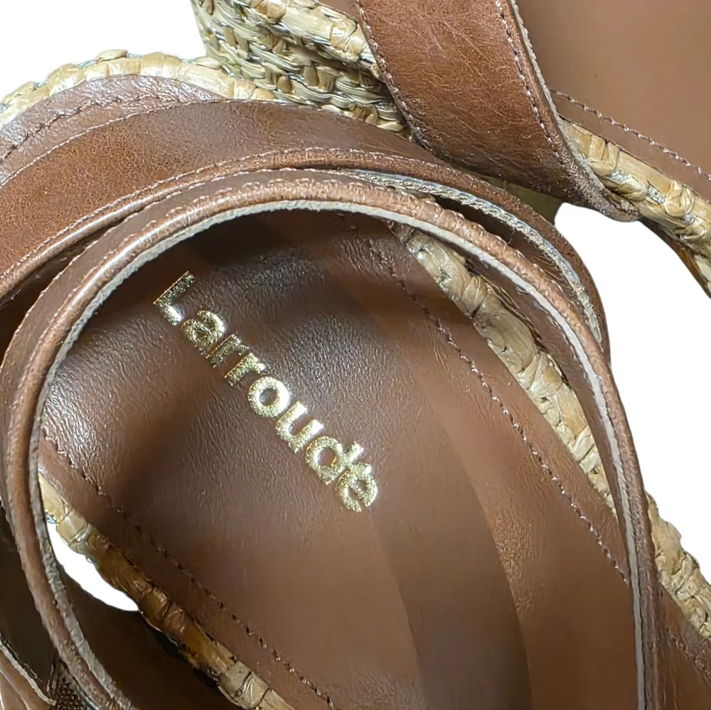 LARROUDE VERONA DOLLY PLATFORM HEEL CARAMEL/RAFFIA 9